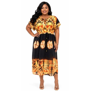 Womens Brown and Black Tie Dye Midi  Dress with  Drawstring Waist